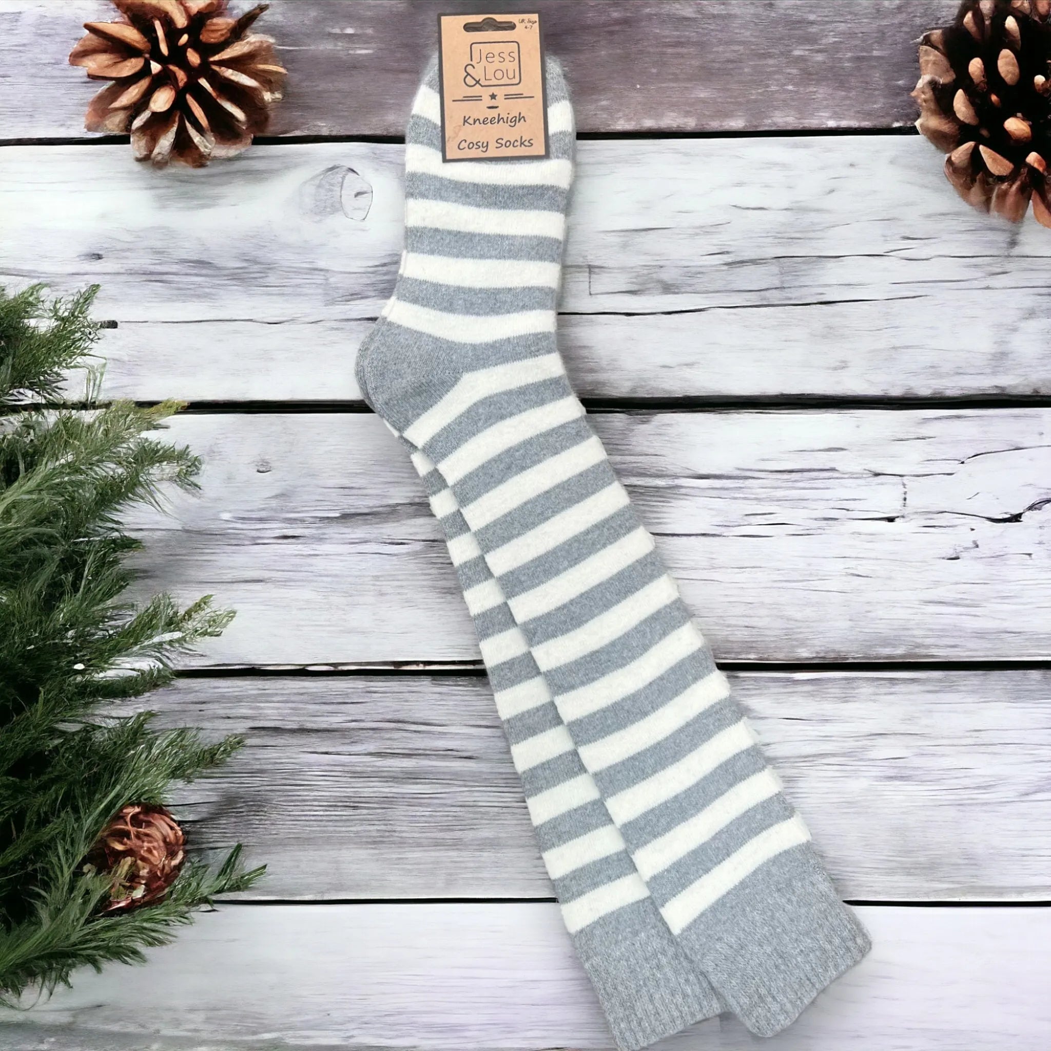 Long welly socks - grey white stripe