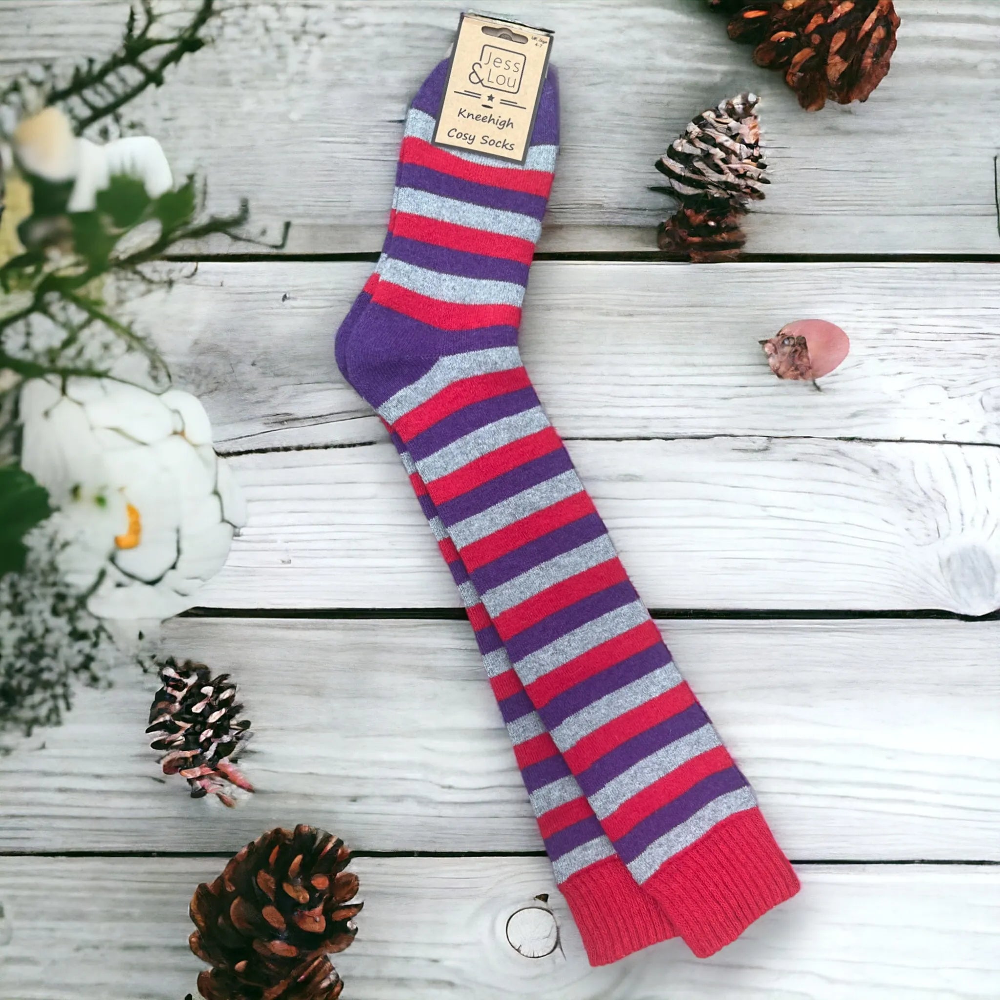 Long welly socks - purple red grey stripe