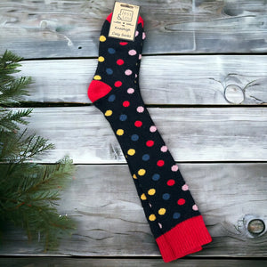 Long welly socks - black and multi coloured spot