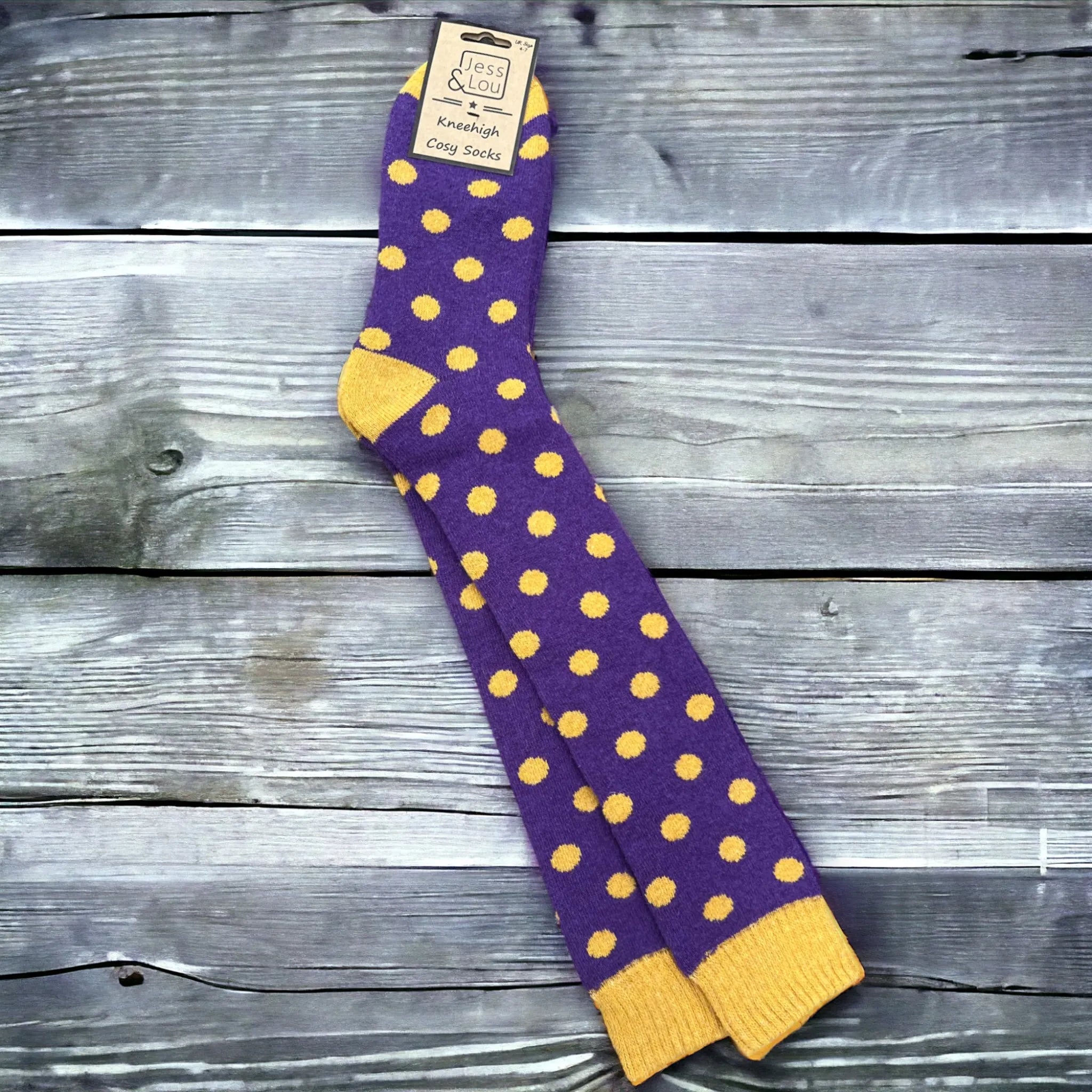 Long welly socks - purple yellow spot